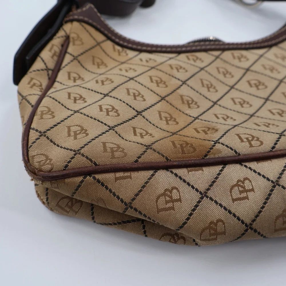 Dooney & Bourke Monogram Hobo Bag Womens Small Tan Brown Canvas Leather Vintage